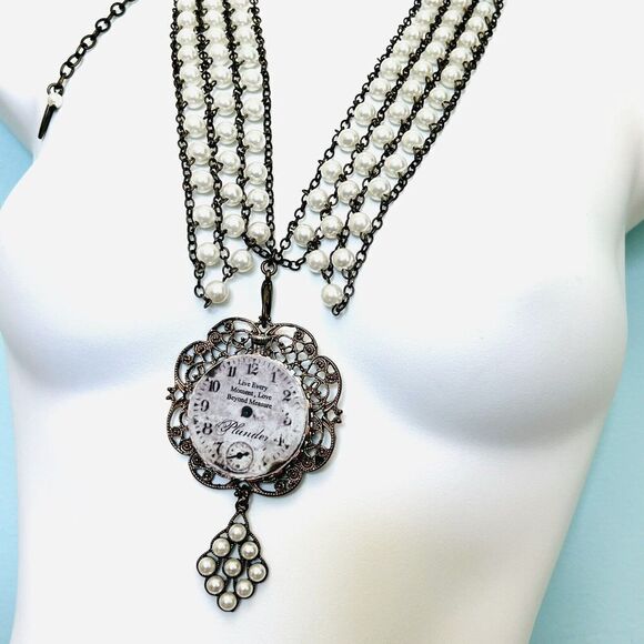 Chunky Bib Plunder PAXTON Pearl Time Piece Clock Statement Necklace OOAK 4519 - Picture 5 of 10